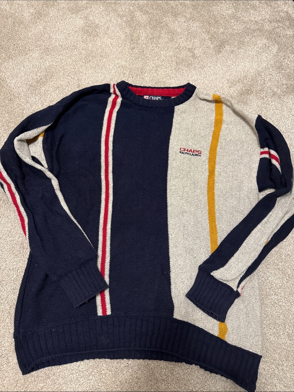 Chaps Ralph Lauren Men’s Navy, Gray, Red & Mustard Striped Crewneck Sweater L